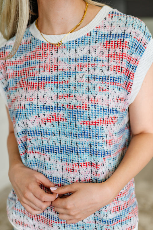Blurred Beauty Textured Knit Top in Blue, Red and White (Online Exclusive)