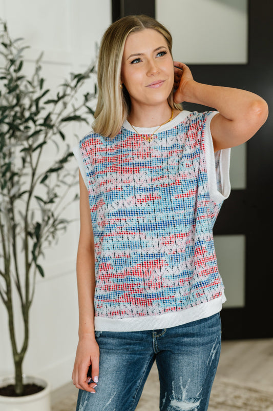 Blurred Beauty Textured Knit Top in Blue, Red and White (Online Exclusive)