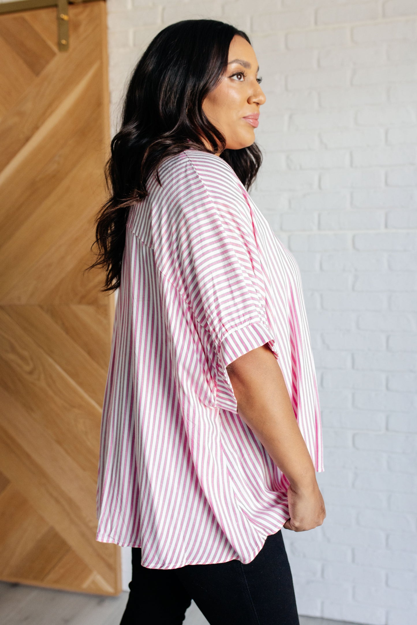 Boxy Striped Button Up in Hot Pink (Online Exclusive)