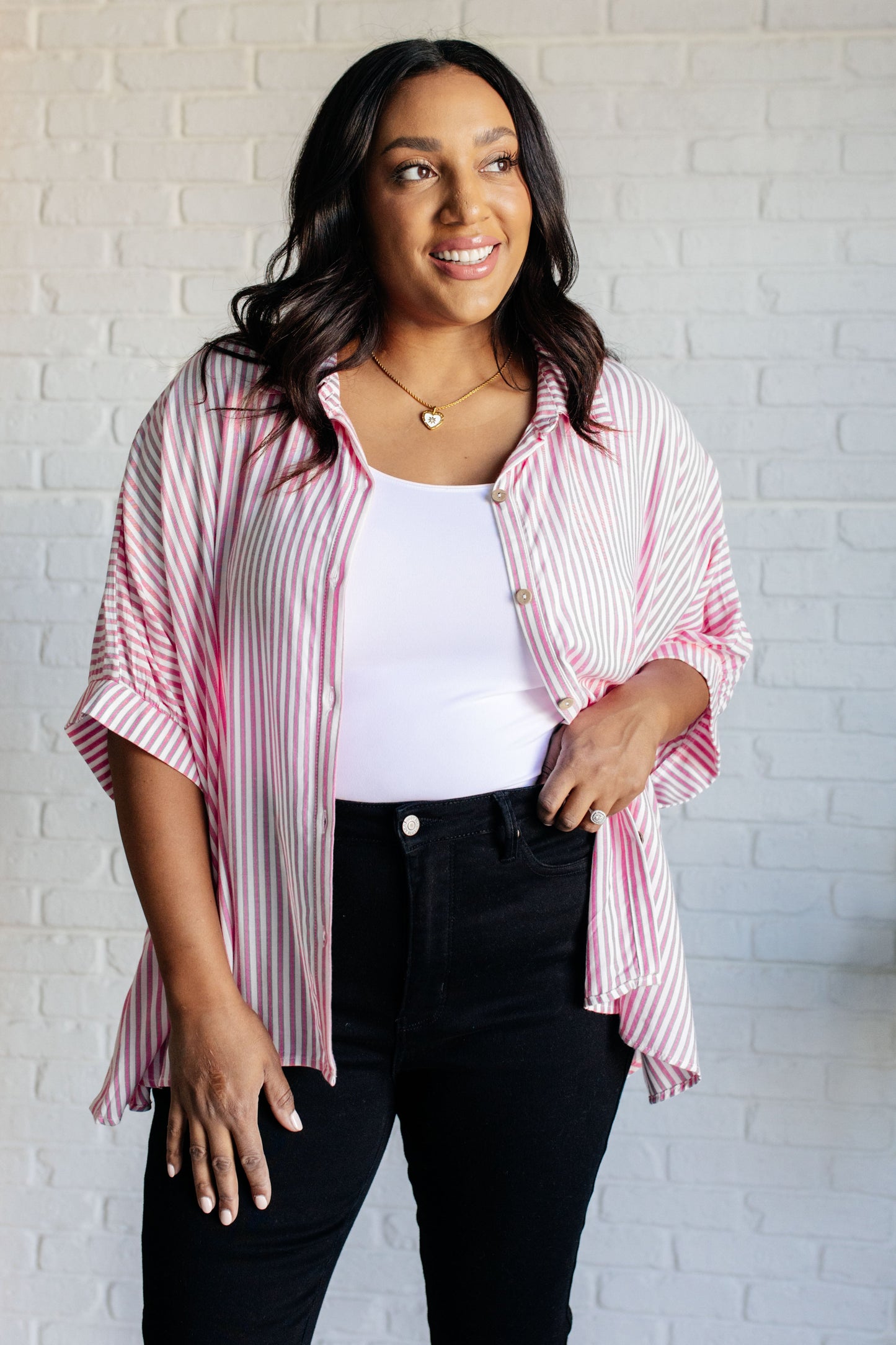 Boxy Striped Button Up in Hot Pink (Online Exclusive)