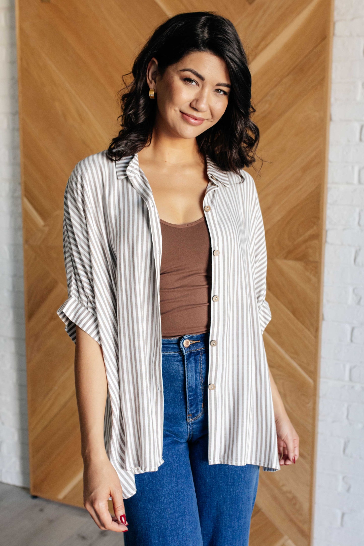 Boxy Striped Button Up in Mocha (Online Exclusive)