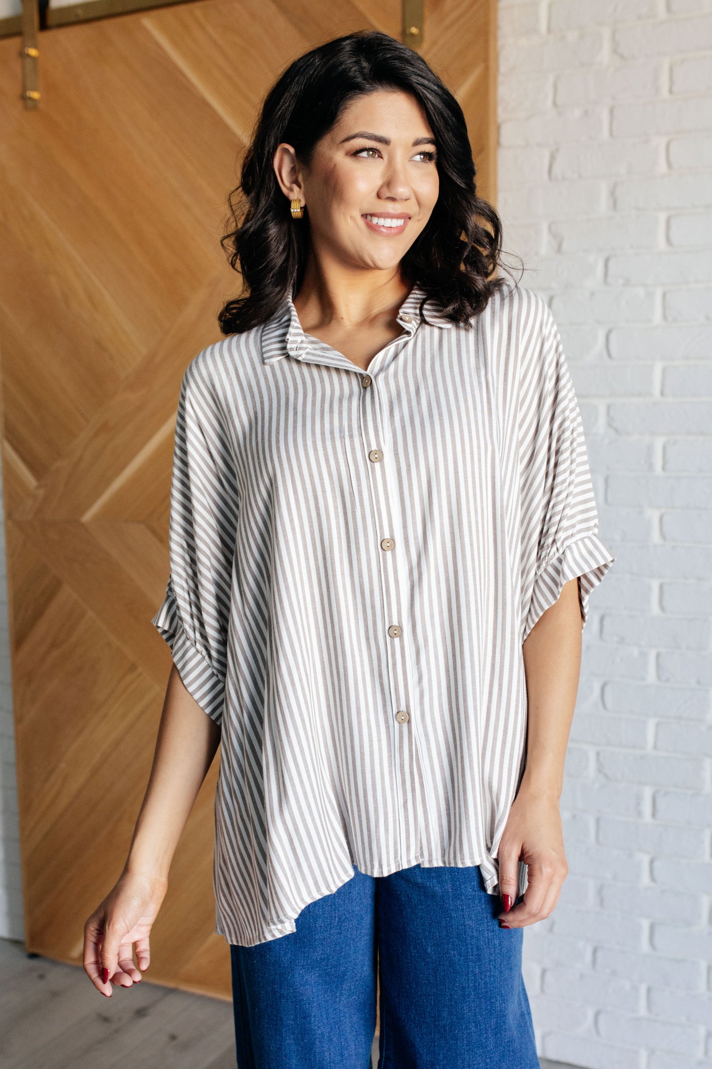 Boxy Striped Button Up in Mocha (Online Exclusive)