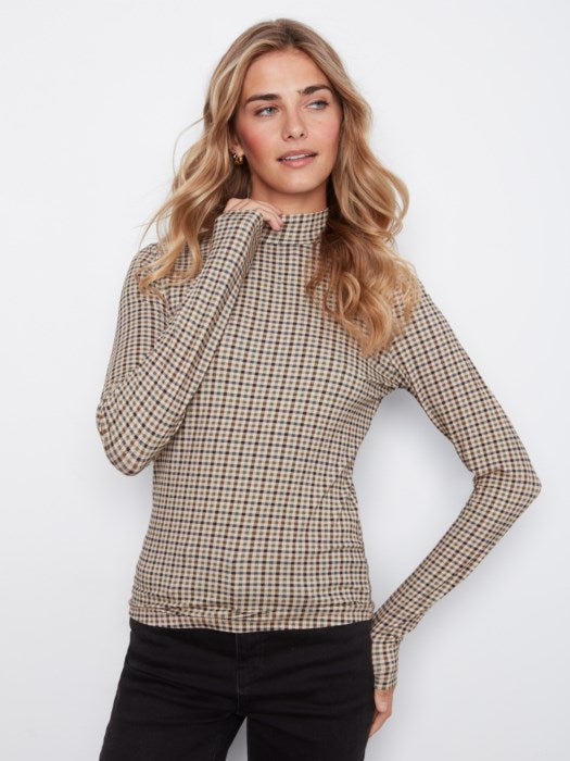 Houndstooth Long Sleeve Mock Neck Top