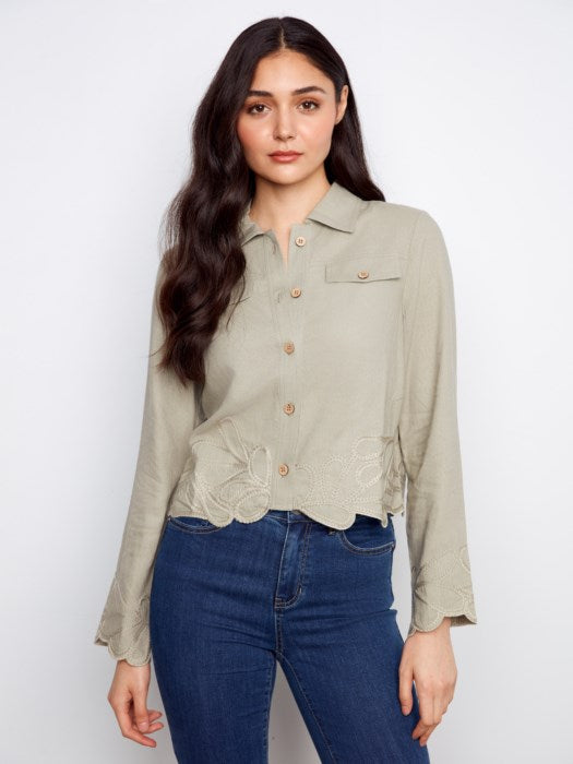 Charlie B Sage Linen Jacket With Embroidered Hem