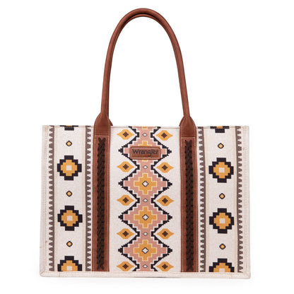 Pre-Order Wrangler Southwestern Pattern Dual Sided Print Canvas Wide Tote - Cream