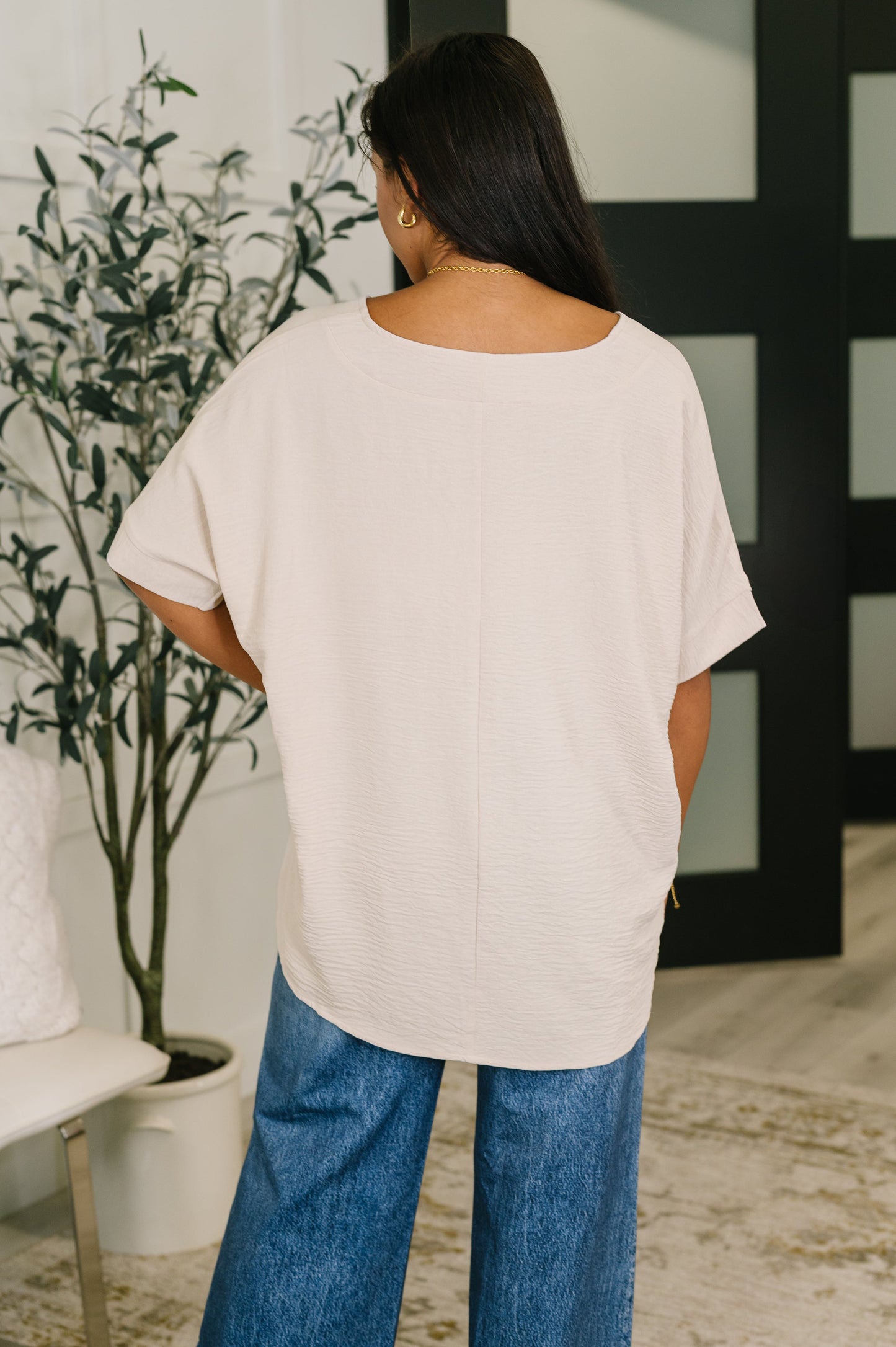 Counter Part Crinkle Woven V-Neck Top in Sand Beige (Online Exclusives)