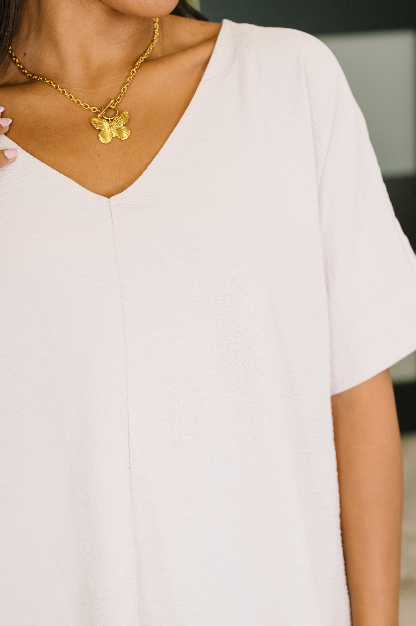 Counter Part Crinkle Woven V-Neck Top in Sand Beige (Online Exclusives)