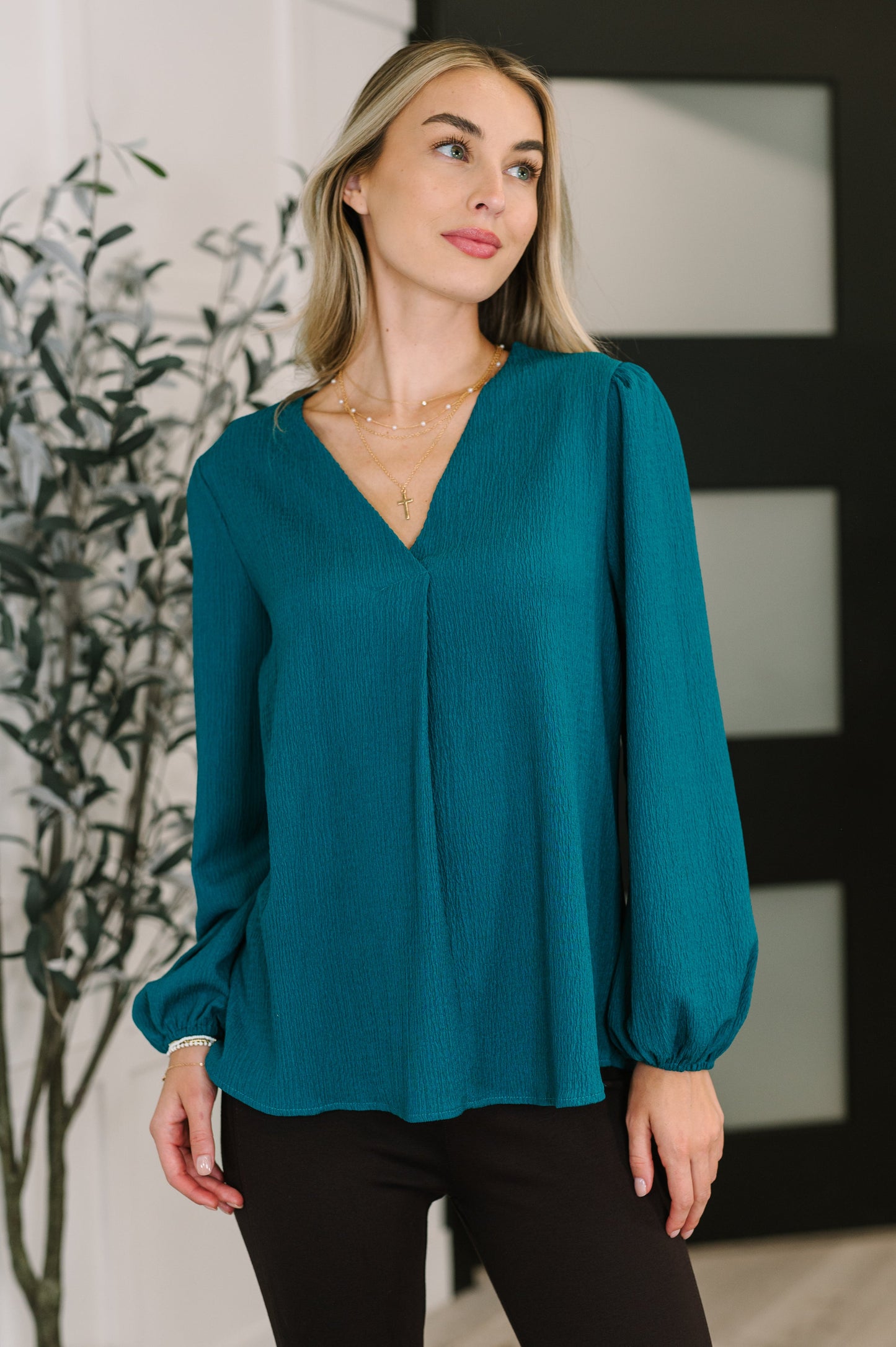 Desk to Dinner V-Neck Balloon Sleeve Blouse (Online Exclusive)