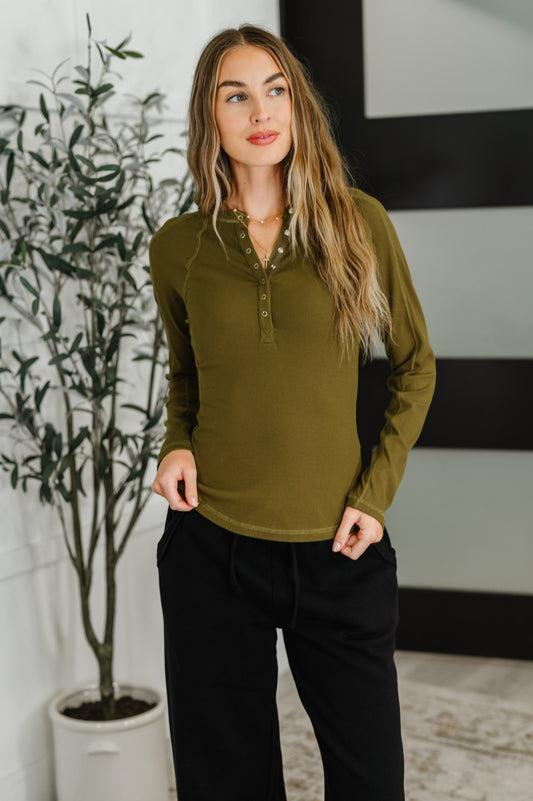 Effortless Edge Knit Henley Top in Camo Green (Online Exclusive)