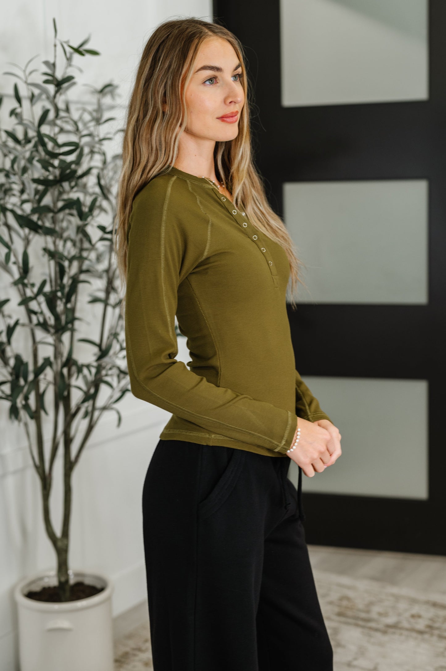 Effortless Edge Knit Henley Top in Camo Green (Online Exclusive)