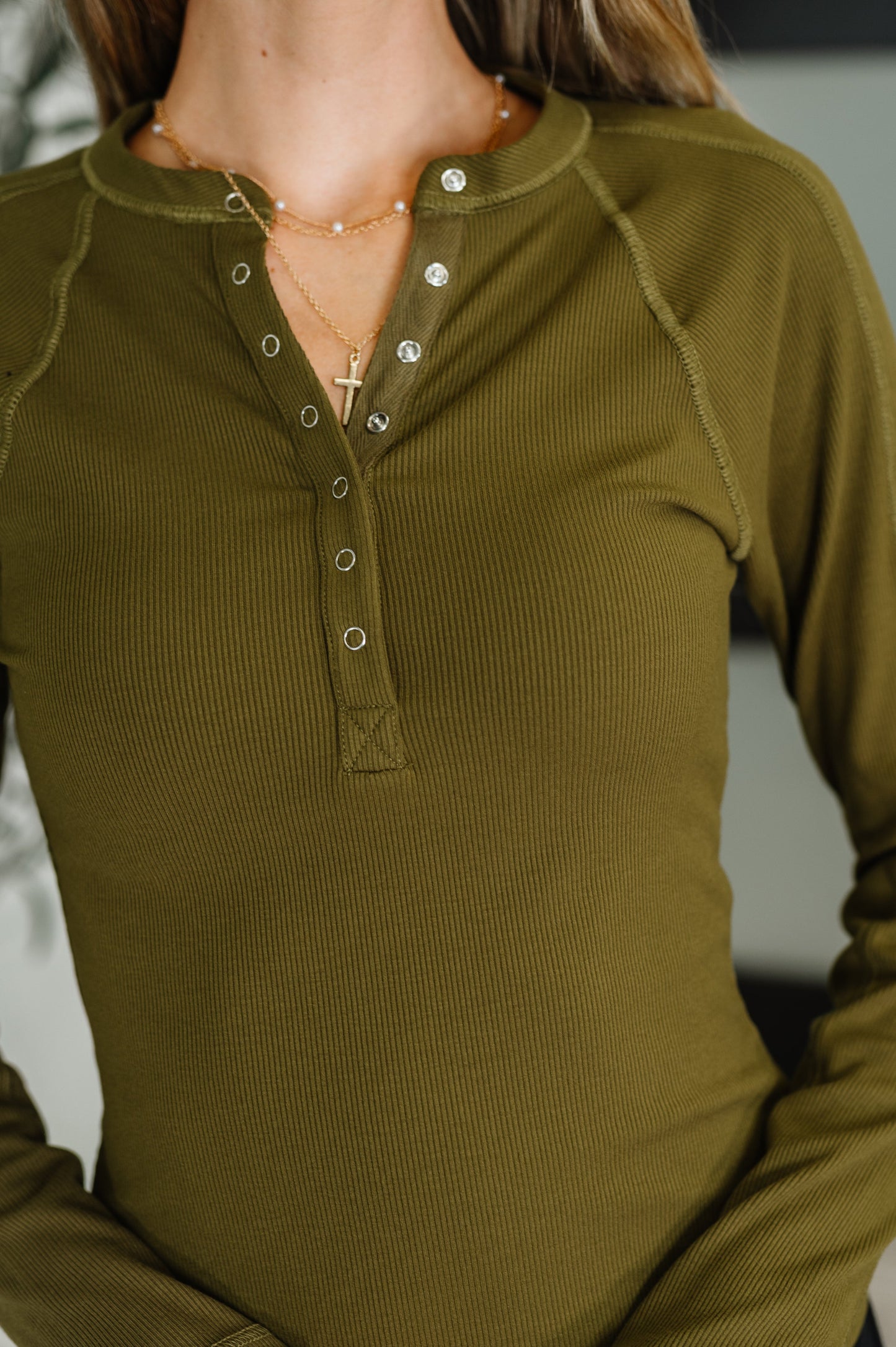 Effortless Edge Knit Henley Top in Camo Green (Online Exclusive)