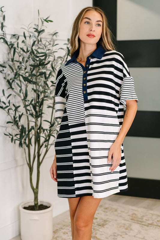Everlasting Love Striped Collared Dress in Black and Navy (Online Exclusive)