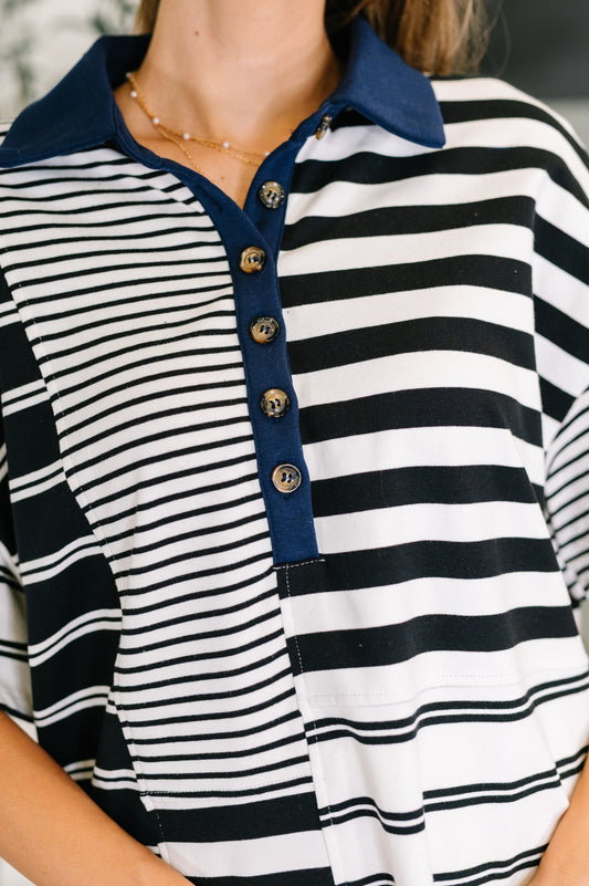 Everlasting Love Striped Collared Dress in Black and Navy (Online Exclusive)
