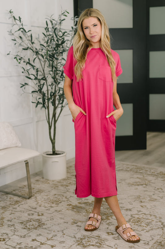 Fix You Right Up Short Sleeve Midi Dress in Hot Pink (Online Exclusive)