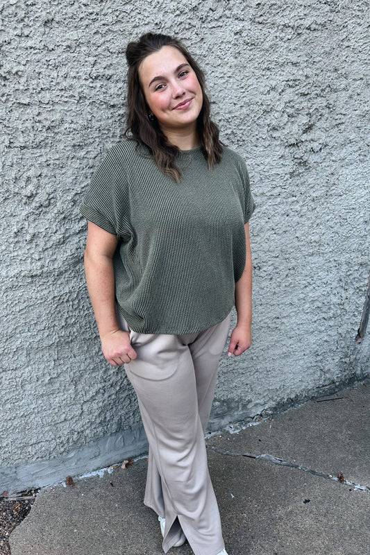 Ribbed Short Sleeve Top - Olive