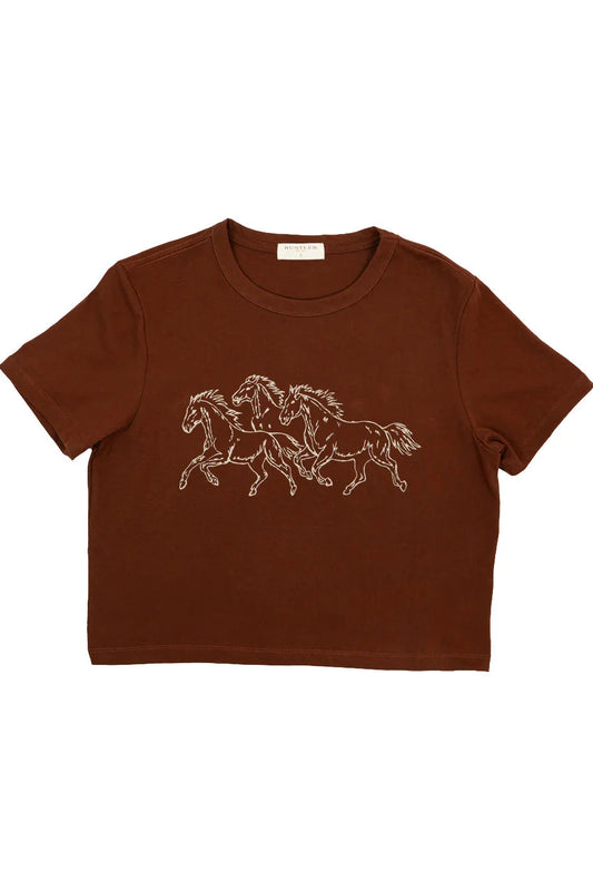 Brown t-shirt with horse graphic on a white background