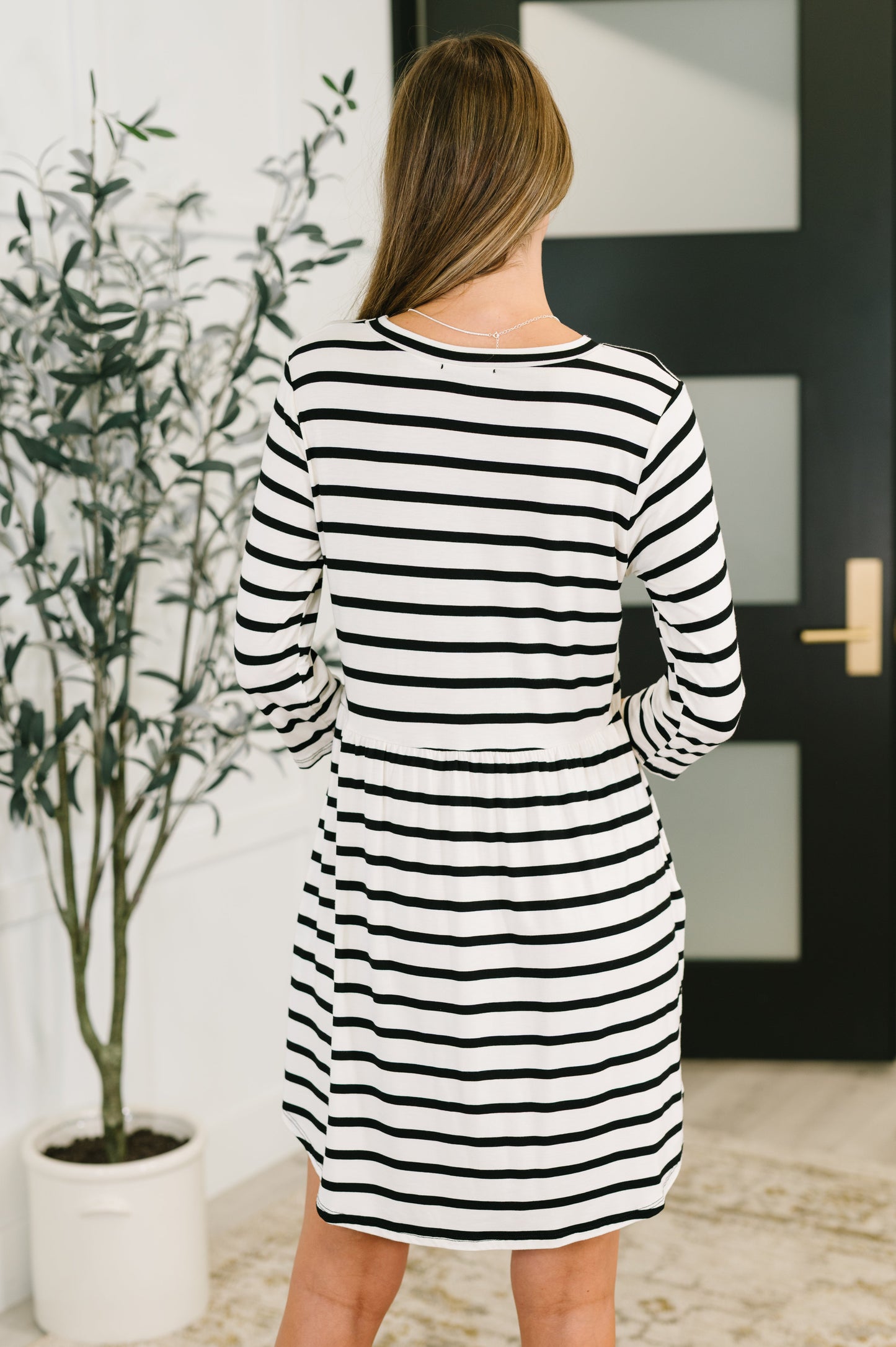 Haute Mess Scooped Hem Casual Dress in Black and White Striped (Online Exclusive)