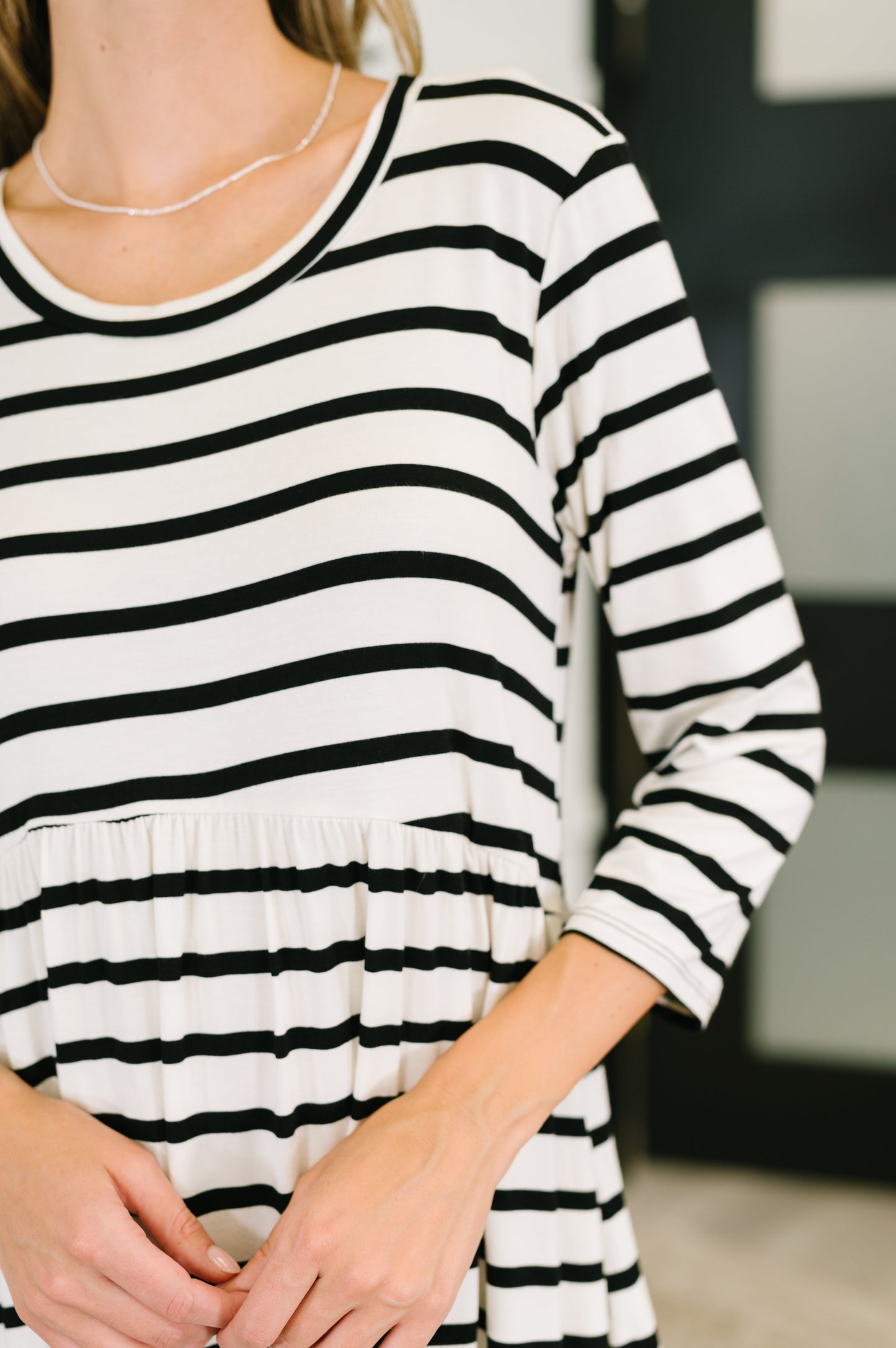 Haute Mess Scooped Hem Casual Dress in Black and White Striped (Online Exclusive)