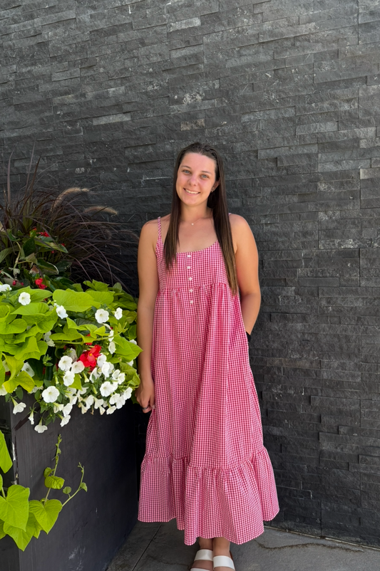 Red Gingham Midi Dress