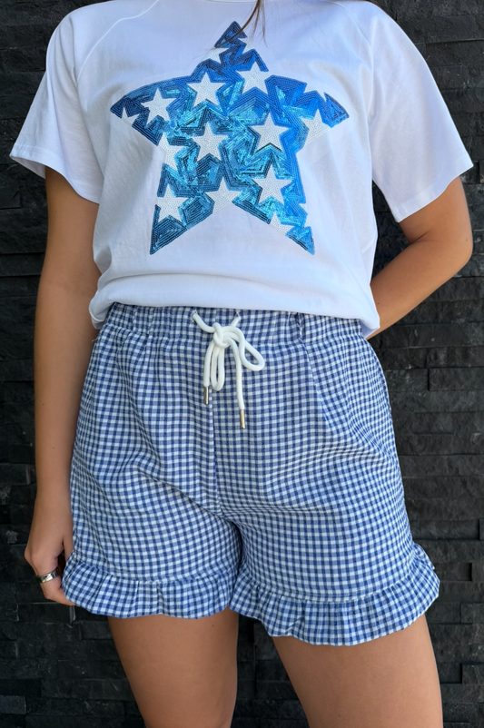 Blue Checkered Woven Ruffle Hem Shorts