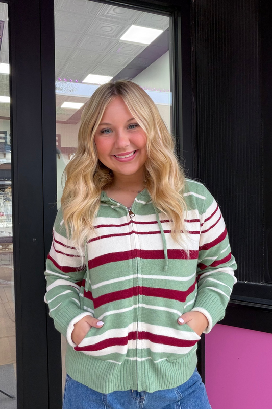 Sage & Burgundy Striped Zip Up