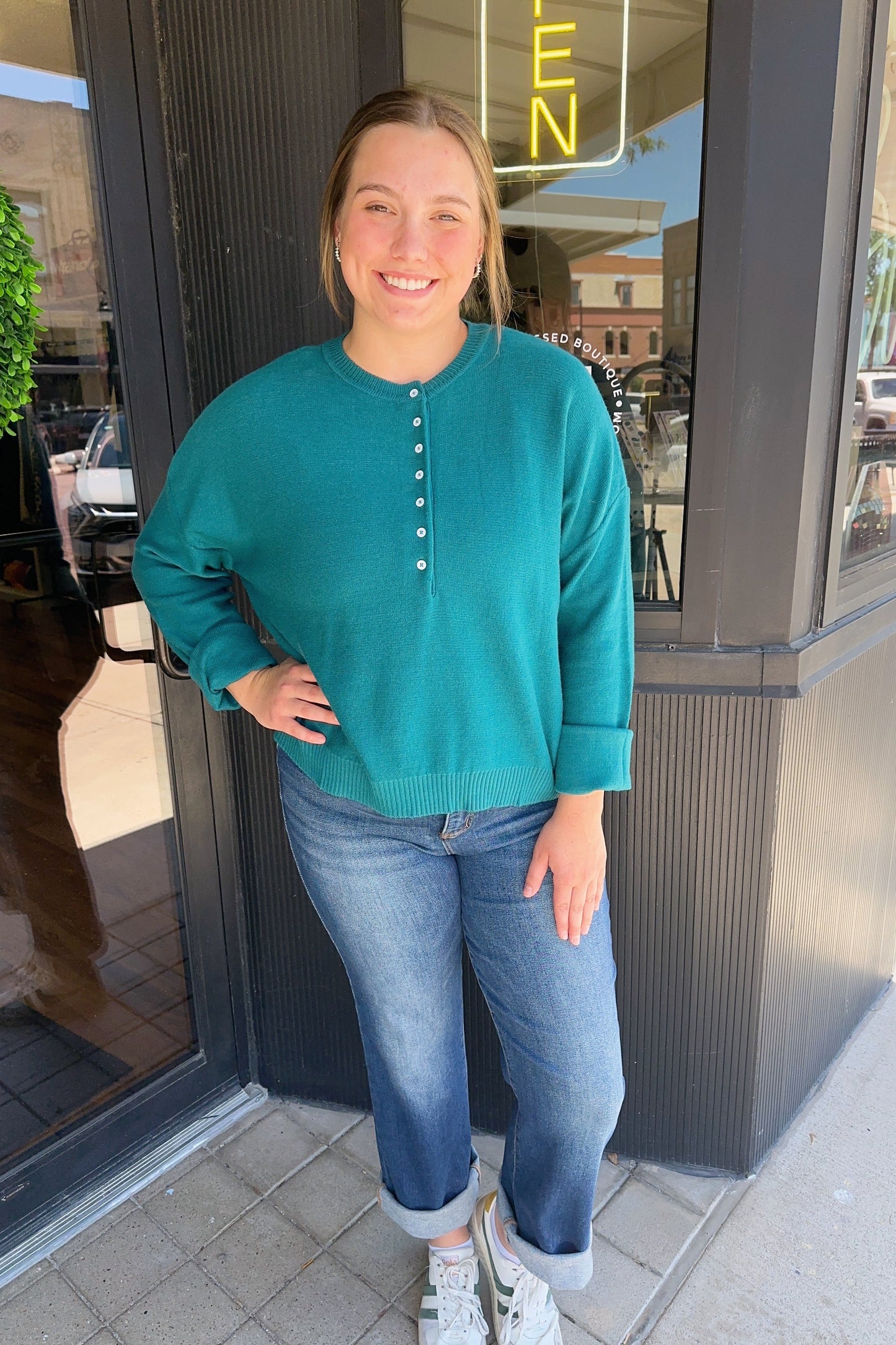 Henley Button-up Sweater - Teal
