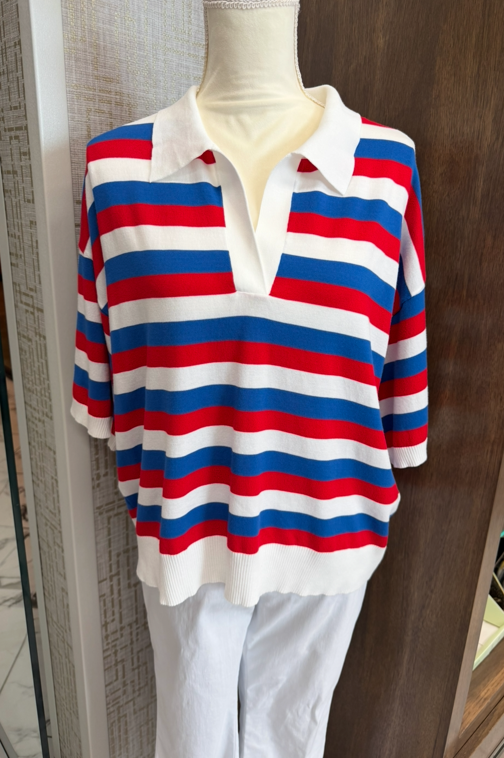 Red white and blue striped top with collar