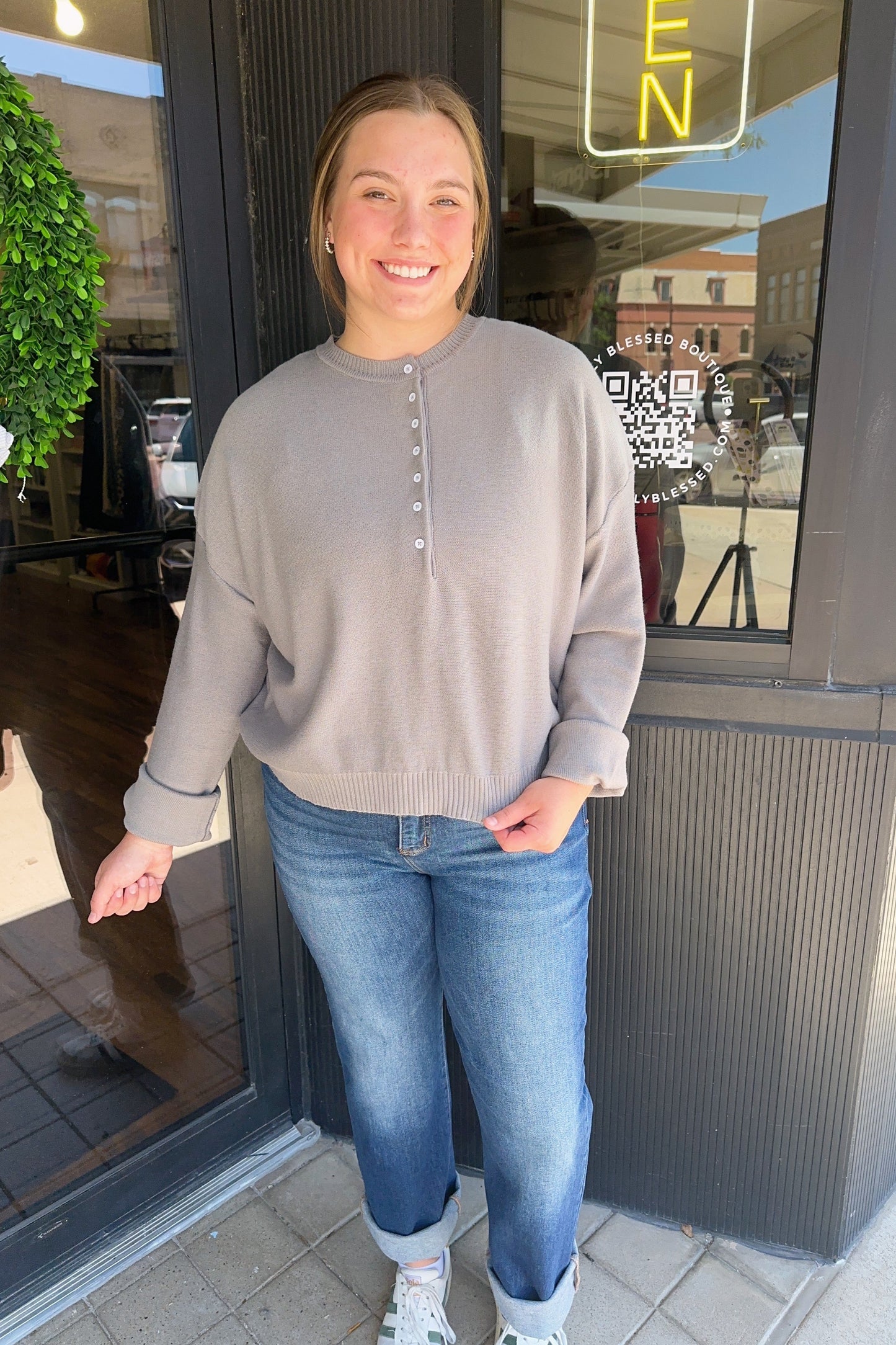 Henley Button-up Sweater - Grey