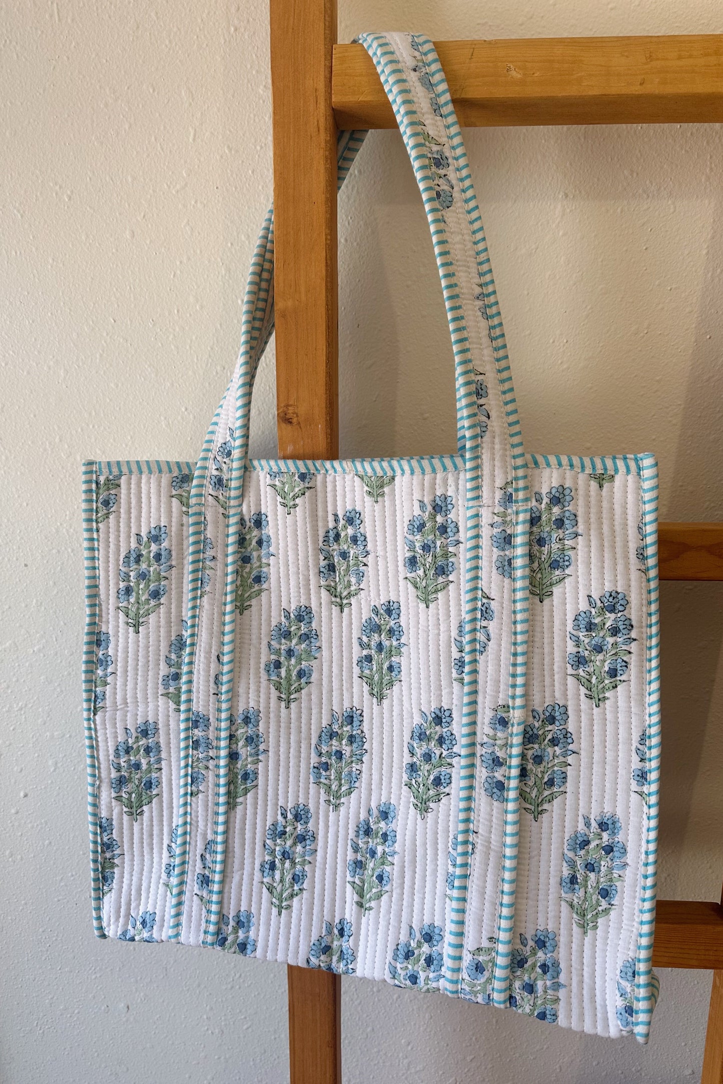 Baby Blue Floral Quilted Tote Bag