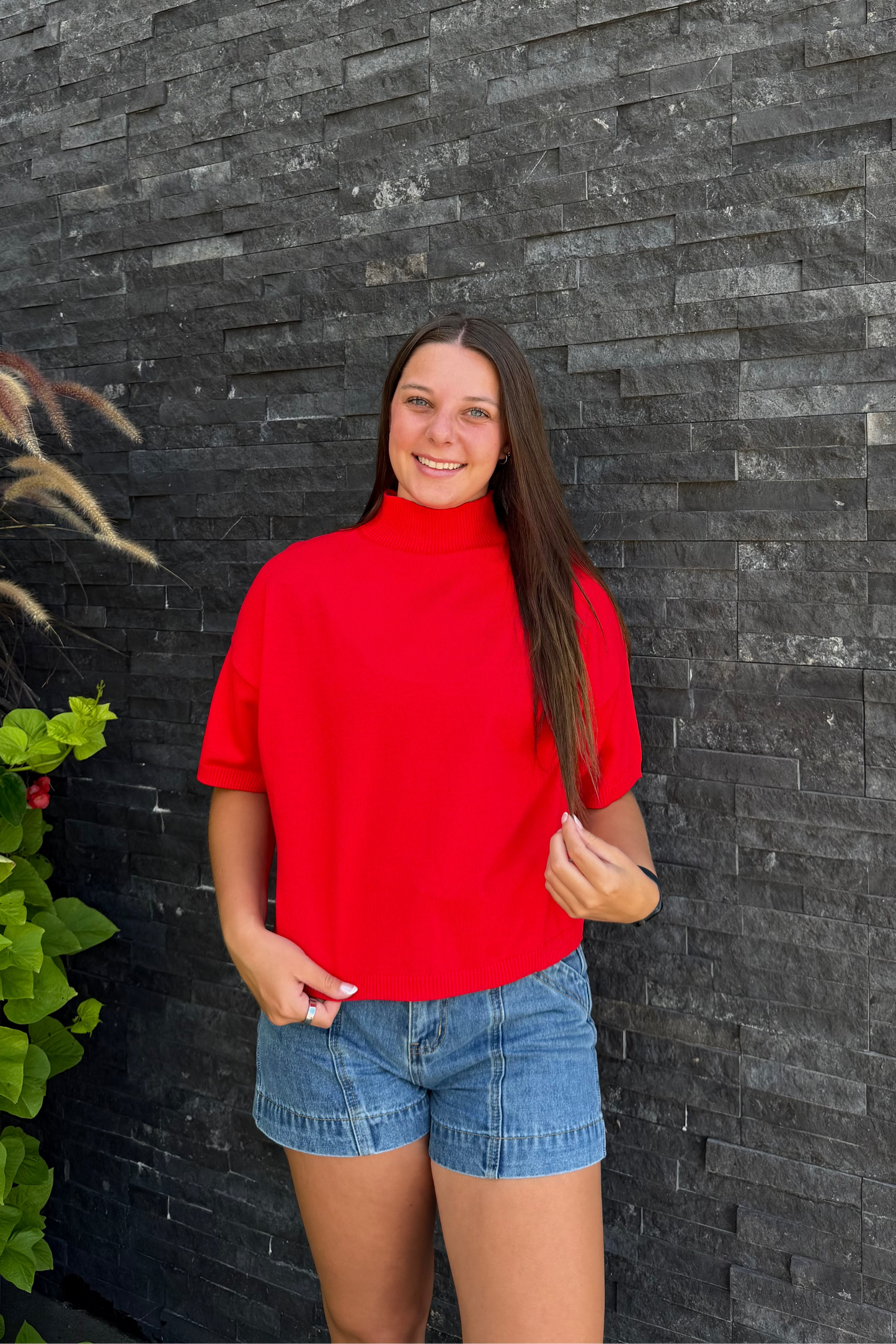 Mock Neck Short Sleeve Sweater - Red