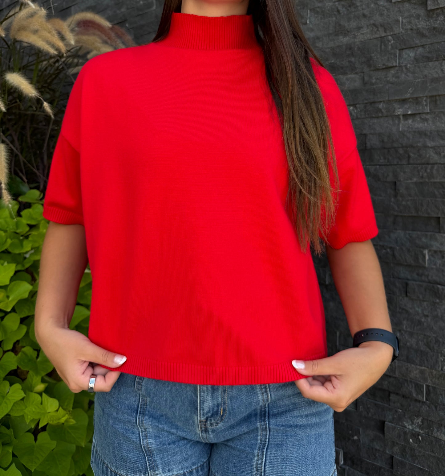 Mock Neck Short Sleeve Sweater - Red