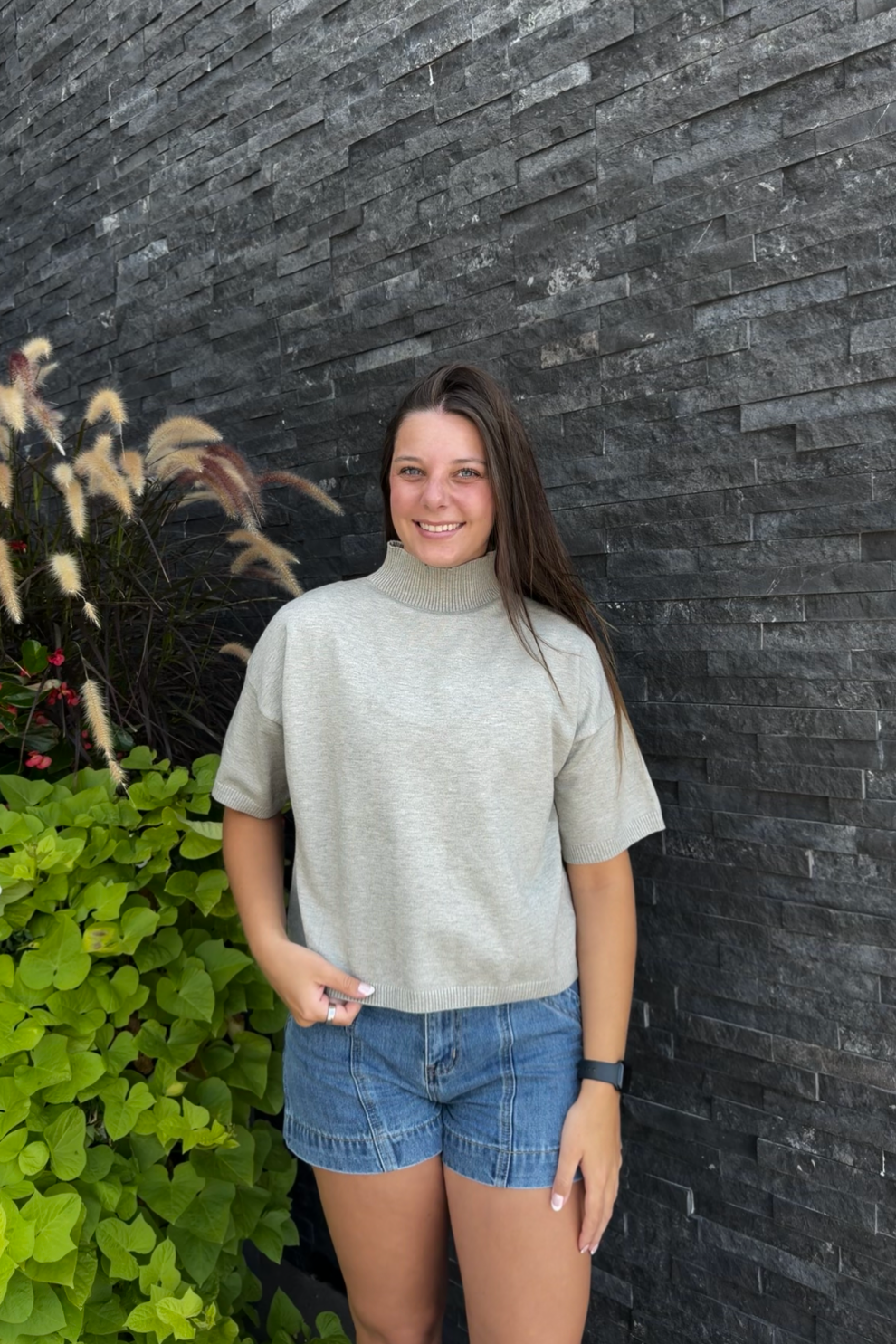 Mock Neck Short Sleeve Sweater - Grey