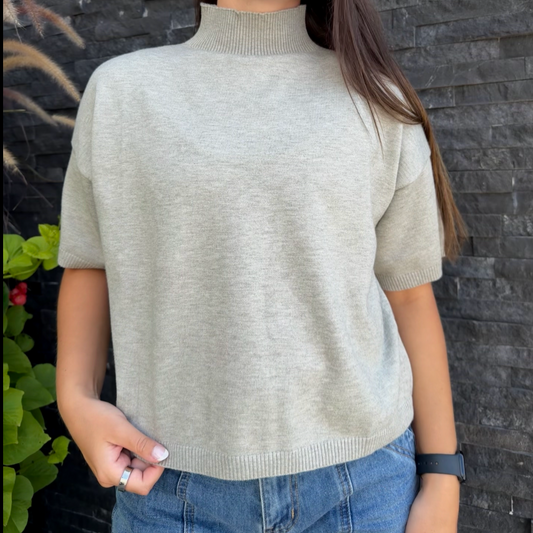 Mock Neck Short Sleeve Sweater - Grey