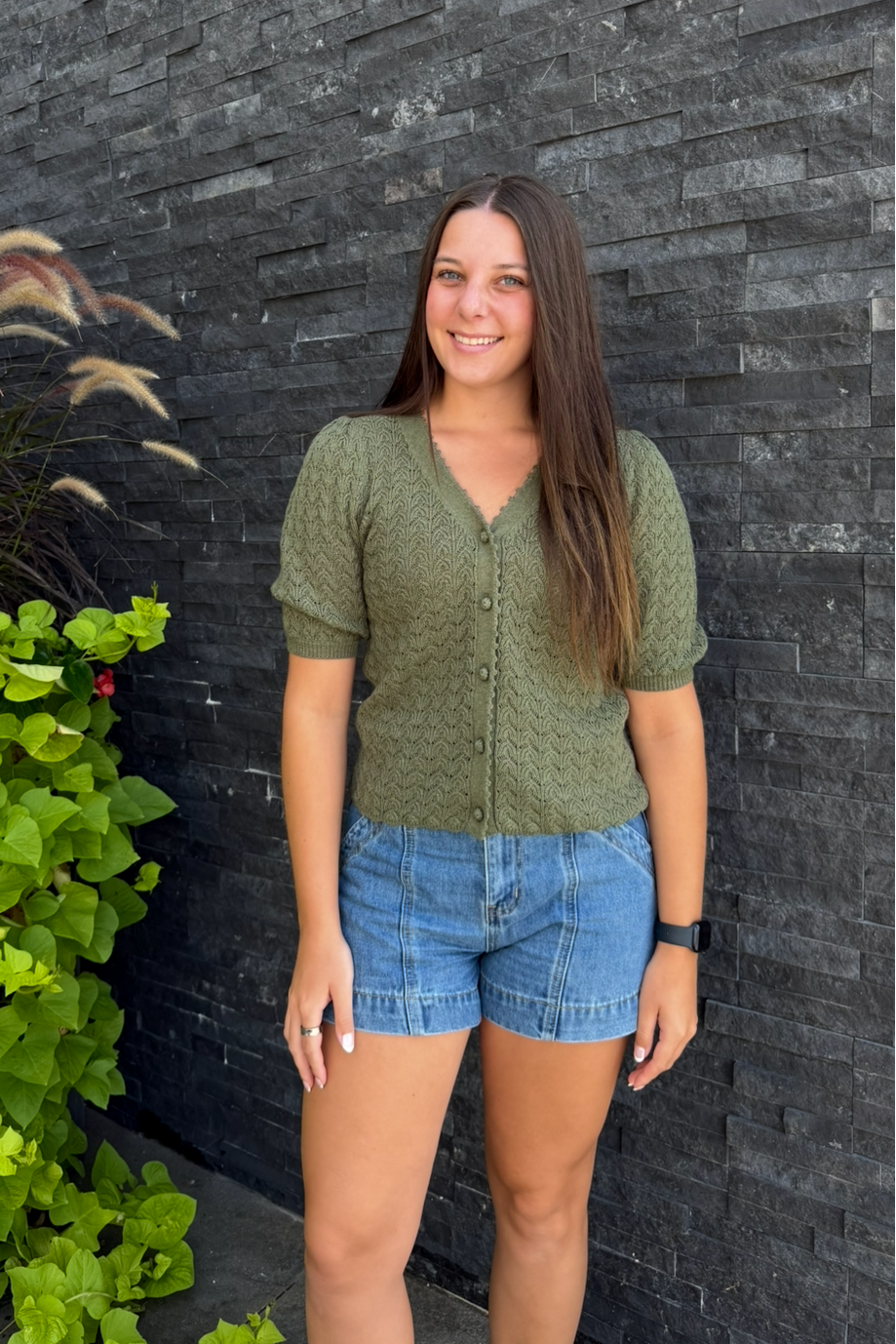 Olive Short Sleeve Scalloped Cardigan