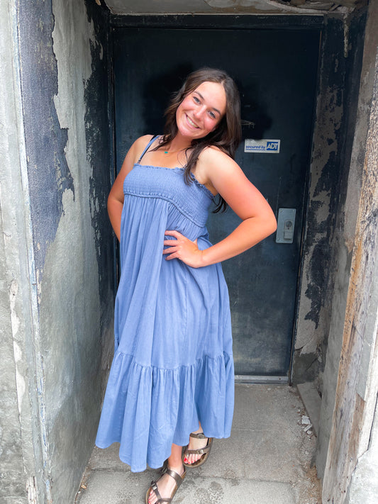 Blue Smocked Midi Dress