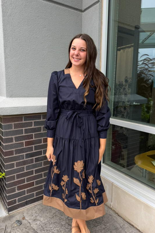 Embroidered Midi Navy Dress