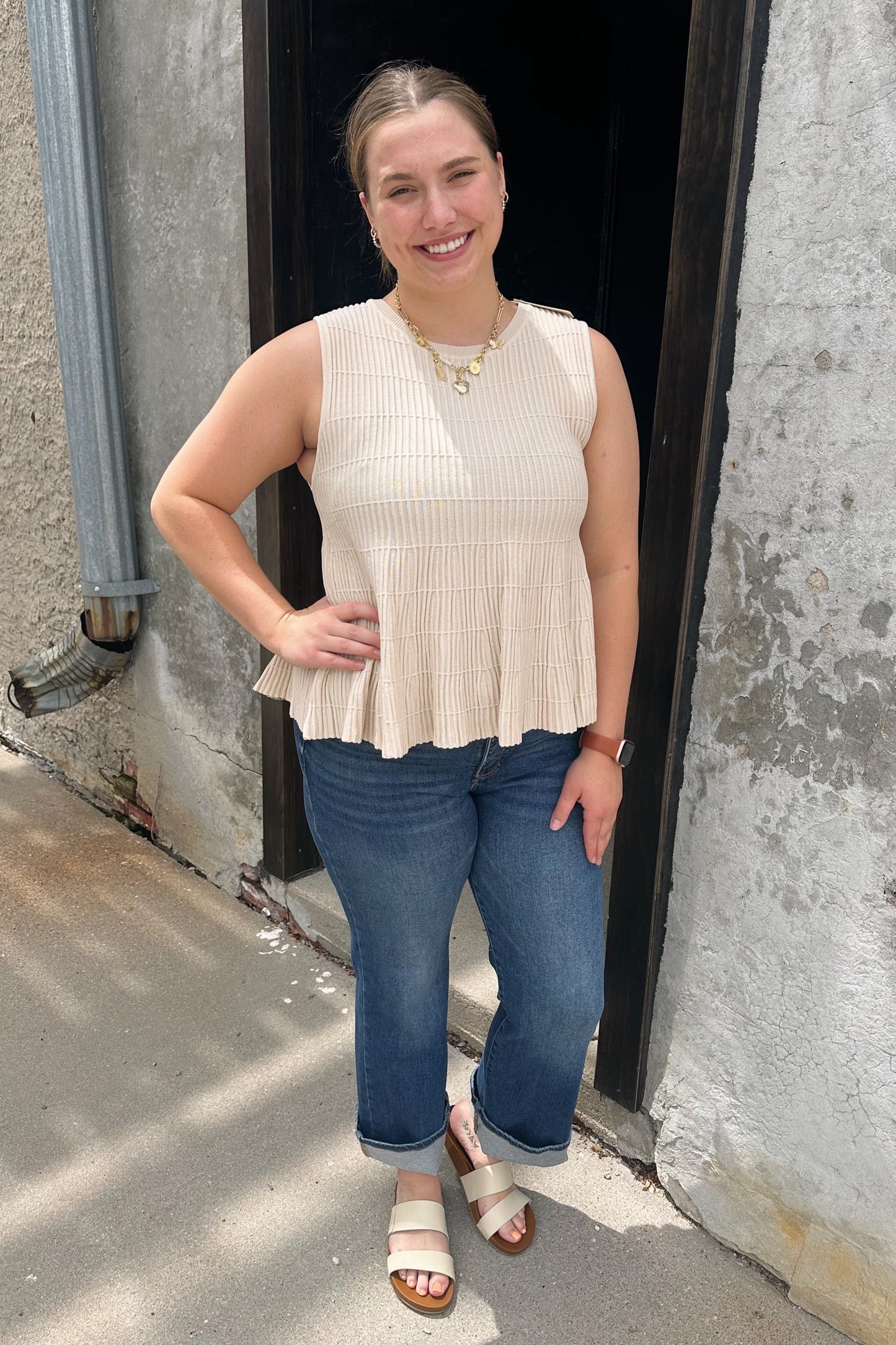 Flared Ribbed Sweater Top - Champagne