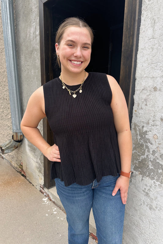 Flared Ribbed Sweater Top - Black