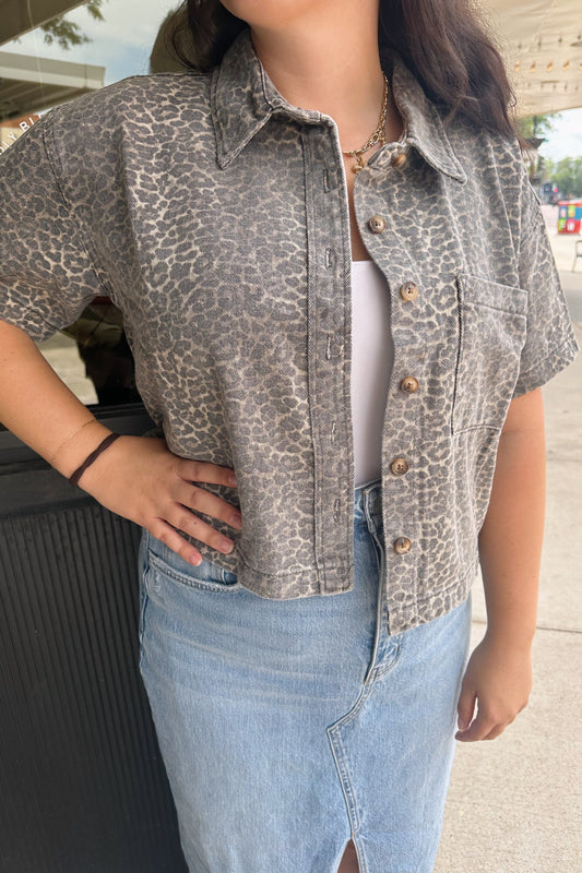 Leopard Denim Button-Up Top