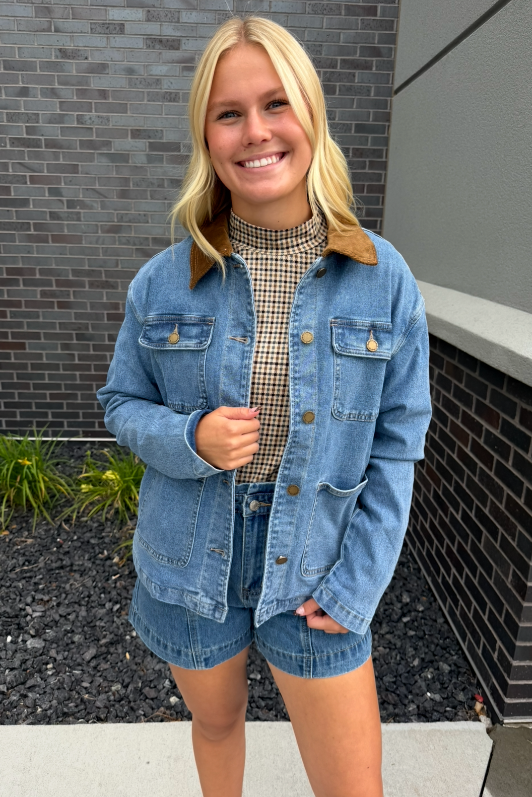 Houndstooth Long Sleeve Mock Neck Top