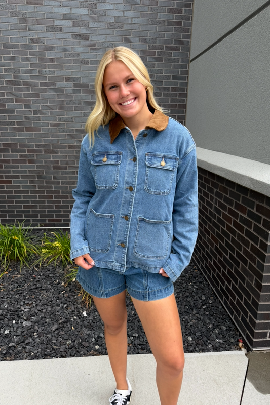 Denim Barn Jacket With Corduroy Collar