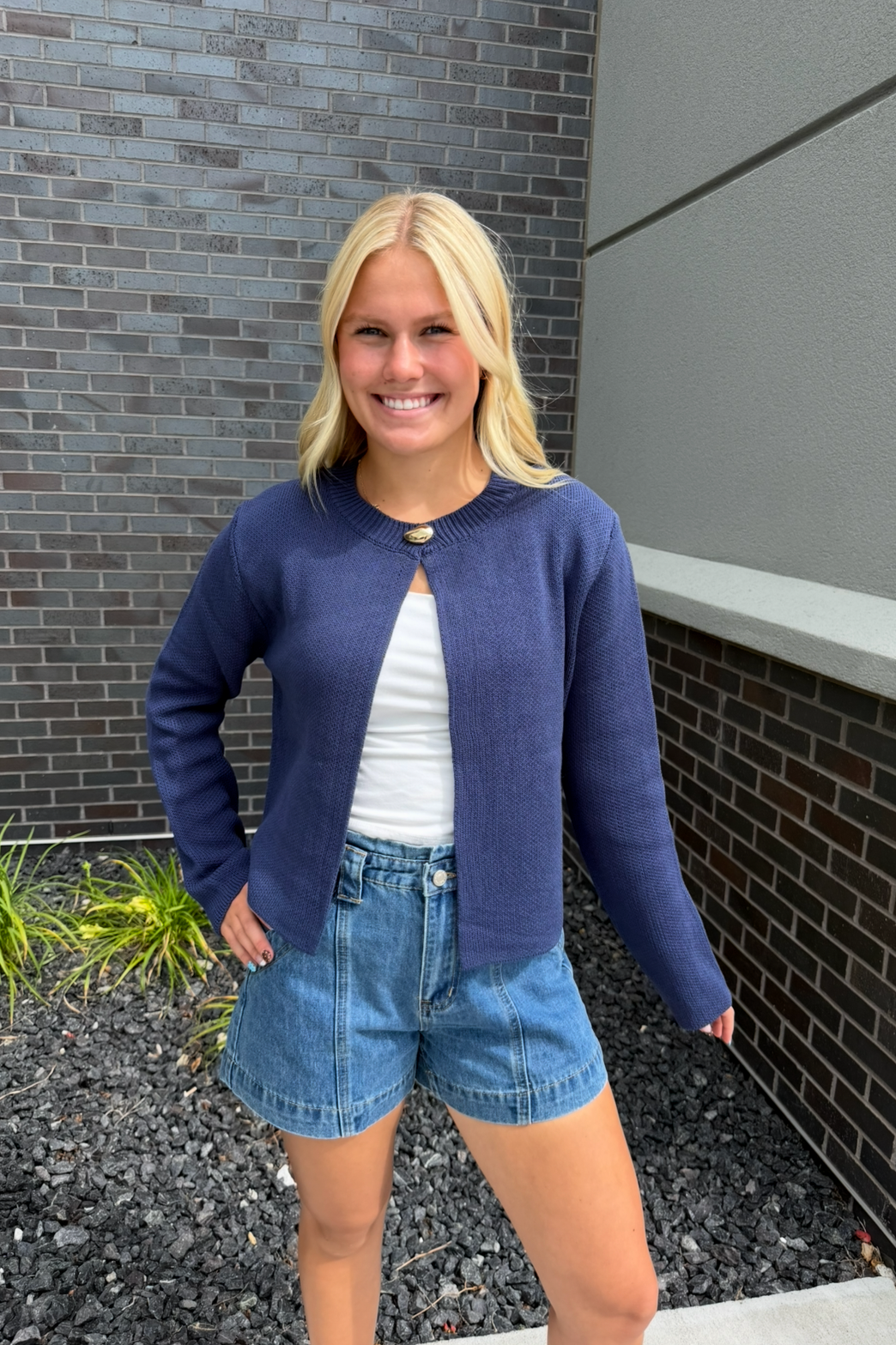 Navy Sweater Cardigan with Gold Button