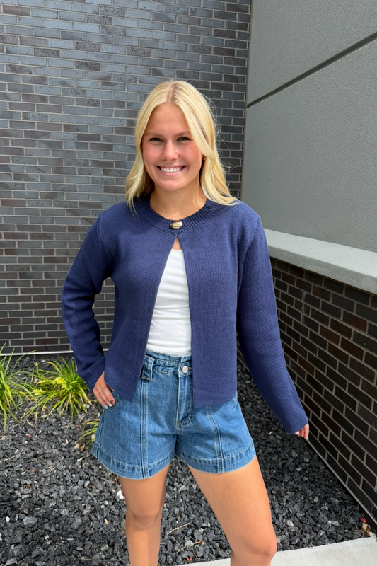 Navy Sweater Cardigan with Gold Button