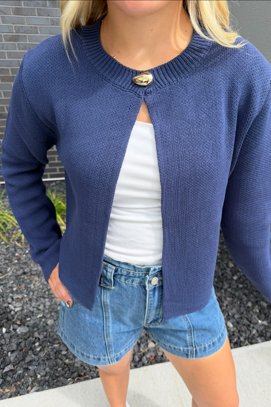 Navy Sweater Cardigan with Gold Button