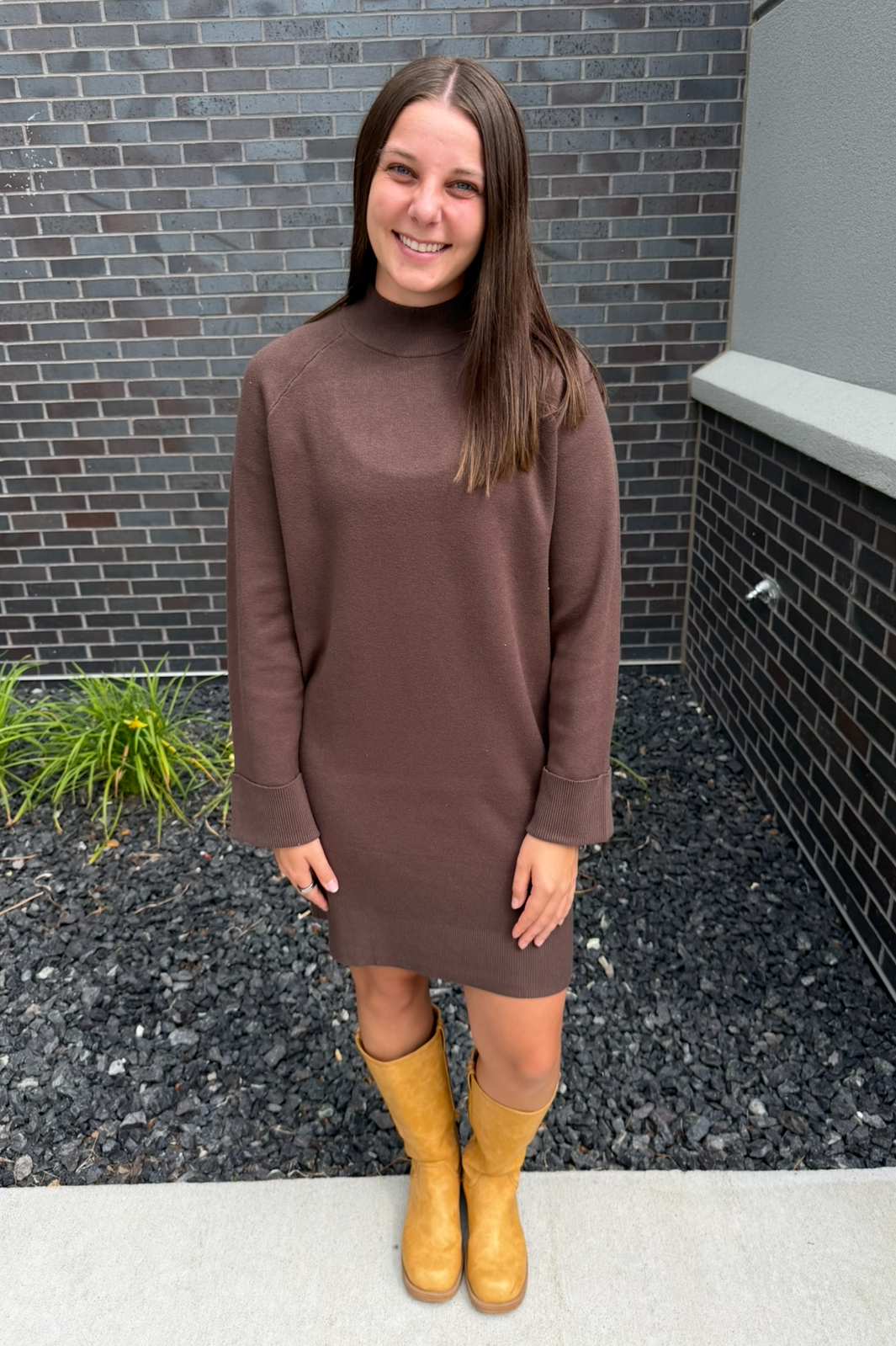 Coffee Mock Neck Sweater Dress