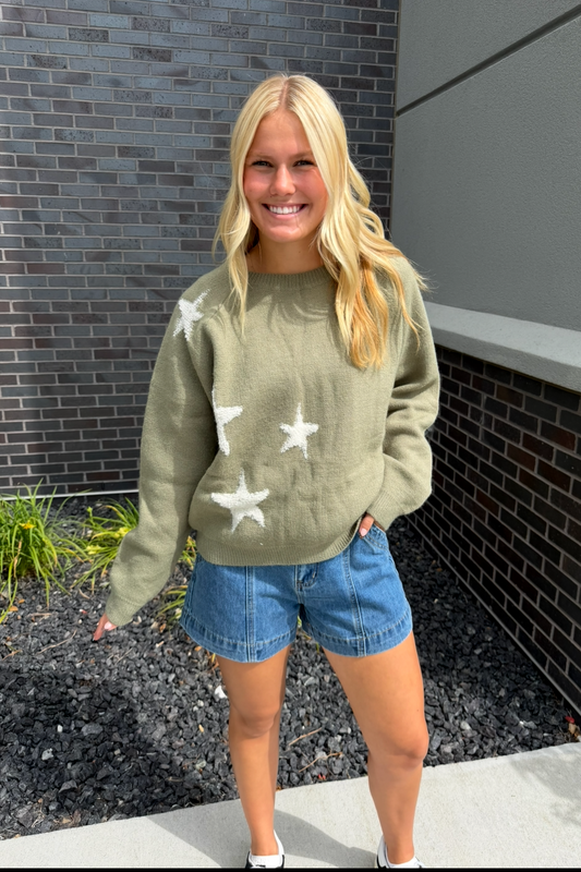 Olive Star Patterned Sweater