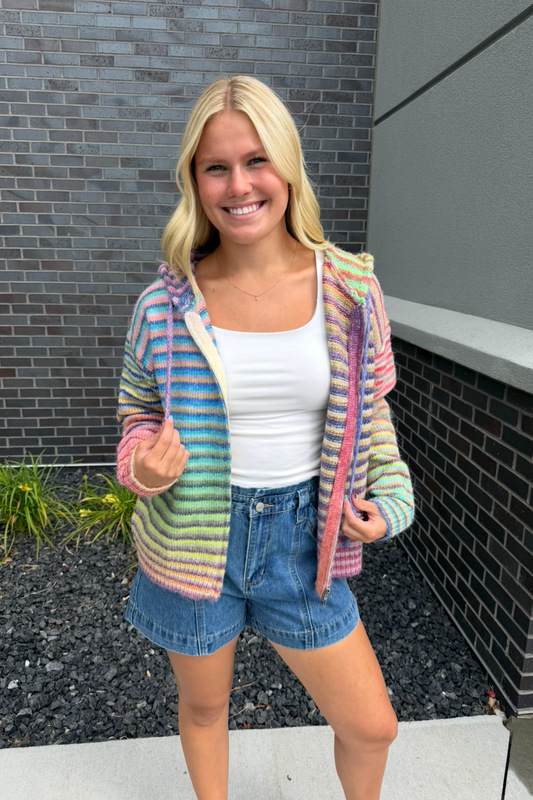 Multi-Color Striped Zip Sweater Hoodie
