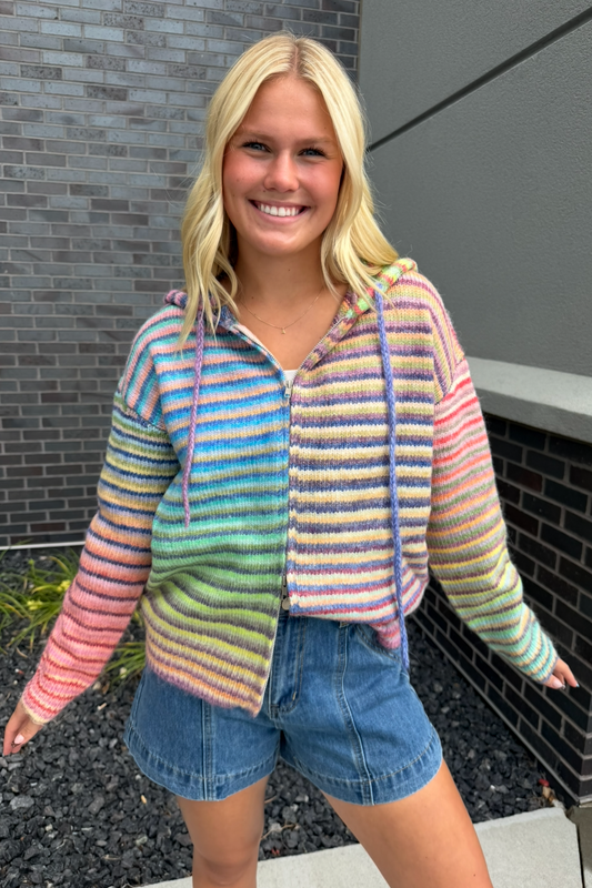Multi-Color Striped Zip Sweater Hoodie