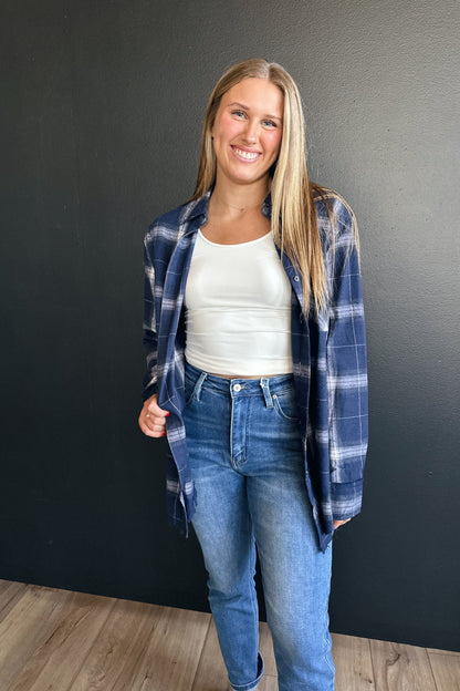 Basic Fall Button-Up Flannel - Navy Blue