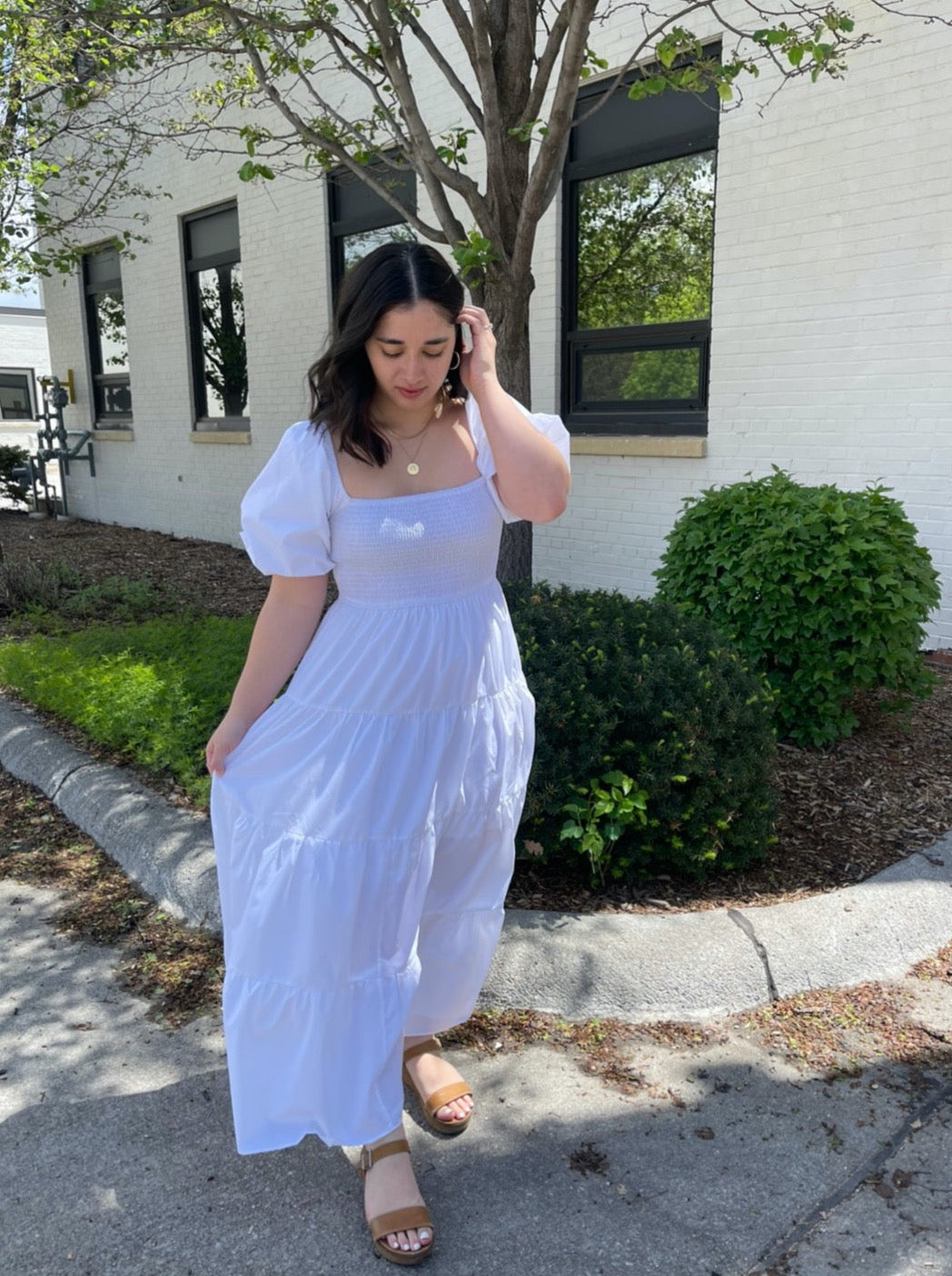 White Bubble Sleeve Dress